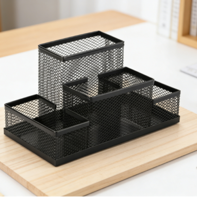 Metal Mesh Desktop Stationery Organizer, Multifunctional Pen Holder, Office and School Supplies Storage Box (Black)