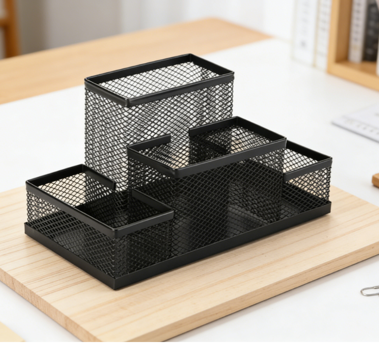 Metal Mesh Desktop Stationery Organizer, Multifunctional Pen Holder, Office and School Supplies Storage Box (Black)