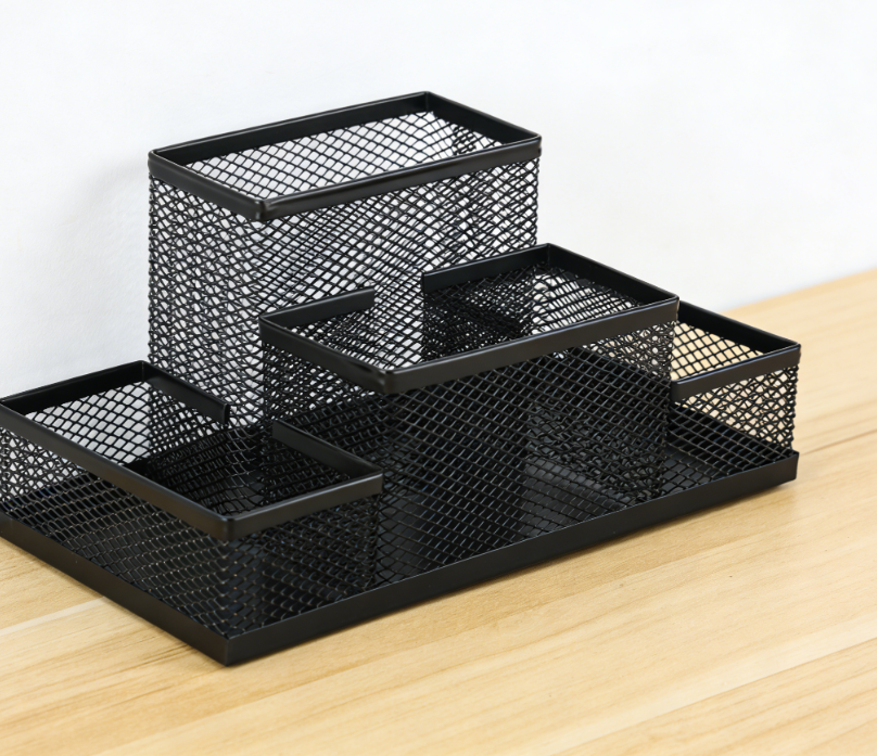 Metal Mesh Desktop Stationery Organizer, Multifunctional Pen Holder, Office and School Supplies Storage Box (Black) - Image 2