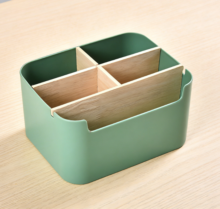Five-Compartment Wooden Desktop Storage Box, Multifunctional Pen Holder, Remote Control and Jewelry Organizer