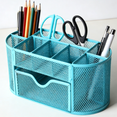 Nine-Compartment Metal Mesh Desktop Storage Box, Multifunctional Pen Holder and Stationery Organizer (Blue)