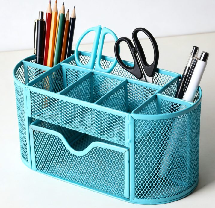 Nine-Compartment Metal Mesh Desktop Storage Box, Multifunctional Pen Holder and Stationery Organizer (Blue)
