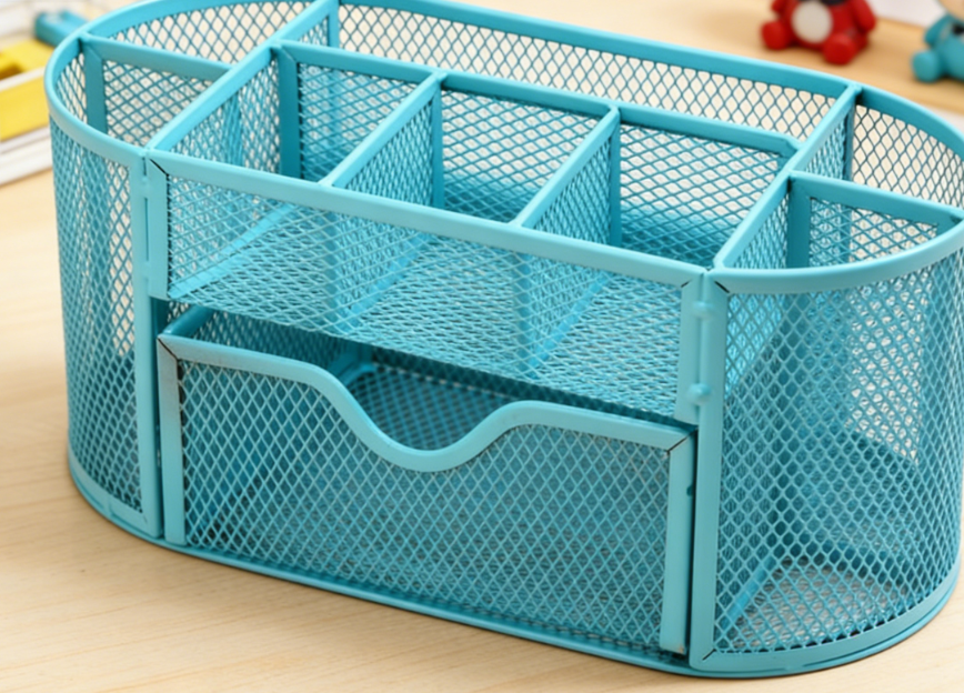 Nine-Compartment Metal Mesh Desktop Storage Box, Multifunctional Pen Holder and Stationery Organizer (Blue) - Image 2
