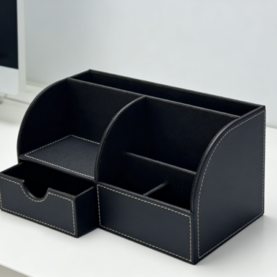 Multifunctional Leather Desktop Storage Box, Pen/Business Card/Mobile Phone Stationery Organizer (Black with White Stitching)