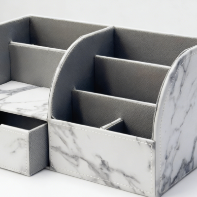 Multifunctional Full Leather Desktop Storage Box, Pen/Business Card/Mobile Phone Stationery Organizer (Marble White)