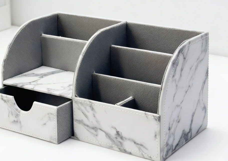 Multifunctional Full Leather Desktop Storage Box, Pen/Business Card/Mobile Phone Stationery Organizer (Marble White)