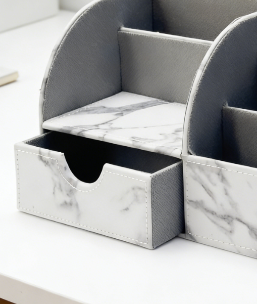 Multifunctional Full Leather Desktop Storage Box, Pen/Business Card/Mobile Phone Stationery Organizer (Marble White) - Image 2