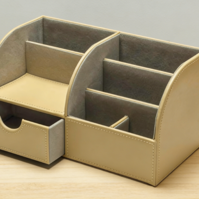 Multifunctional Leather Desktop Storage Box, Pen/Business Card/Mobile Phone Stationery Organizer (Apricot)