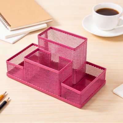Metal Mesh Desktop Stationery Organizer, Multifunctional Pen Holder, Office and School Supplies Storage Box (Rose Red)