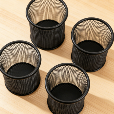 Metal Mesh Pen Holder, Four-Piece Set, Desktop Makeup Brush, Stationery and Art Supplies Storage Box (Black)