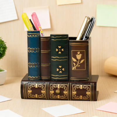 Book-Shaped Retro Wooden Pen Holder with Drawer, Desktop Pencil Storage Box, Stationery Organizer