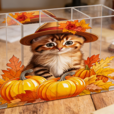 Cat, Falling Leaves, and Pumpkin Shaped Transparent Acrylic Pen Holder, Four-Compartment Desktop Stationery Storage Cup
