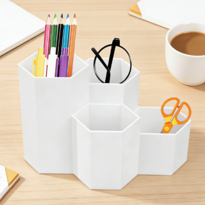 White Hexagonal Multifunctional Plastic Pen Holder, Desktop Stationery Organizer