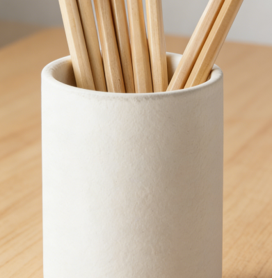 Ceramic Desktop Stationery Storage Cup with Wooden Base