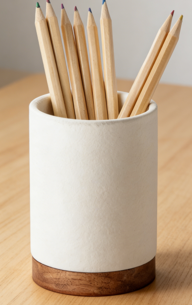 Ceramic Desktop Stationery Storage Cup with Wooden Base