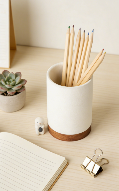 Ceramic Desktop Stationery Storage Cup with Wooden Base - Image 2