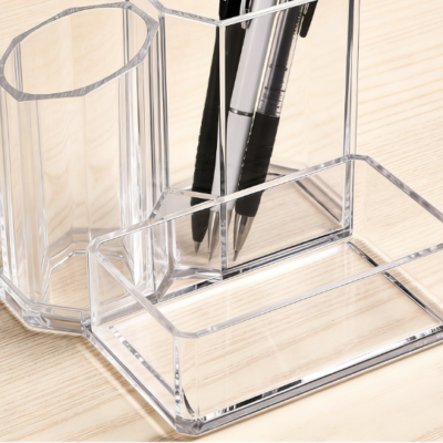 Transparent Acrylic Divided Pen Holder, Three-Compartment Desktop Storage Box, Makeup Brush and Stationery Organizer
