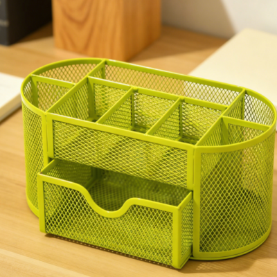 Nine-Compartment Metal Mesh Desktop Storage Box, Multifunctional Pen Holder and Stationery Organizer (Green)